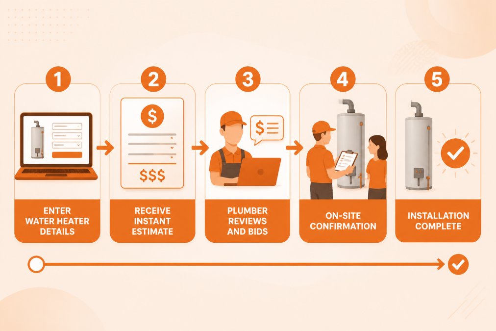 Flowchart showing steps from online quote to installation: Enter water heater details → Receive instant estimate → Plumber reviews and bids → On-site confirmation → Installation complete