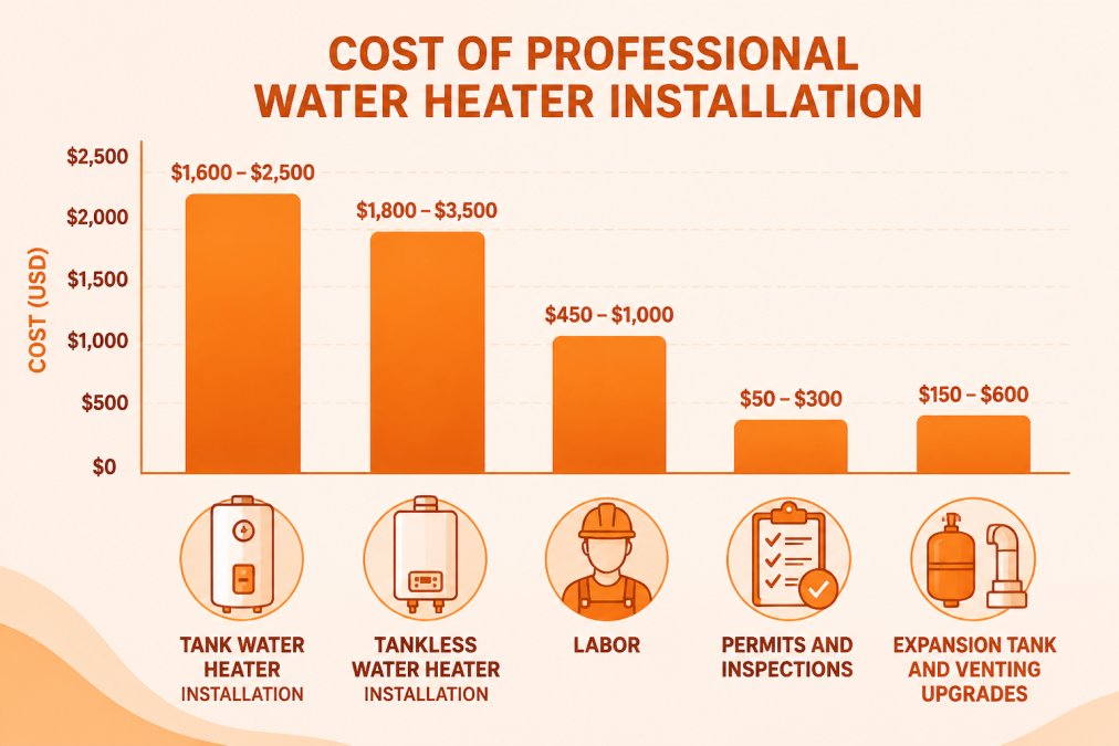 Bar chart comparing cost factors for water heater replacement: Tank water heater installation, Tankless water heater installation, Labor, Permits and inspections, Expansion tank and venting upgrades
