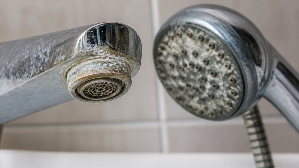 Close-up of white mineral deposits and limescale buildup on a bathroom faucet aerator and chrome shower head