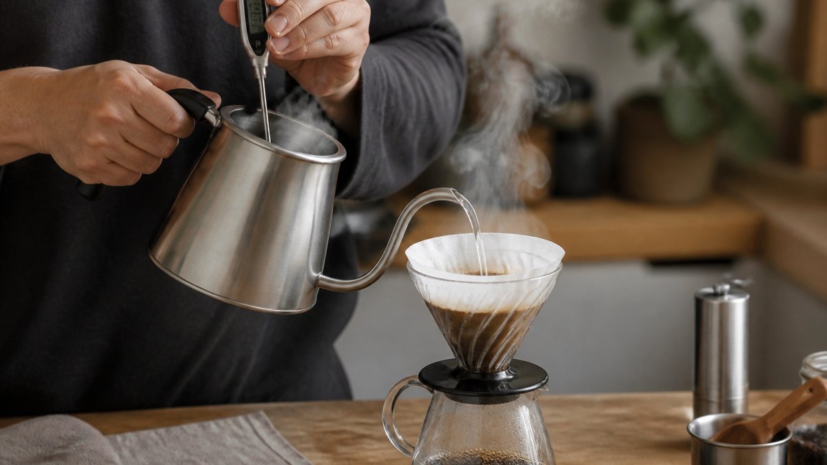 Close-up of hands holding a digital thermometer in a gooseneck kettle pouring water over a pour-over dripper, steam rising, warm kitchen light