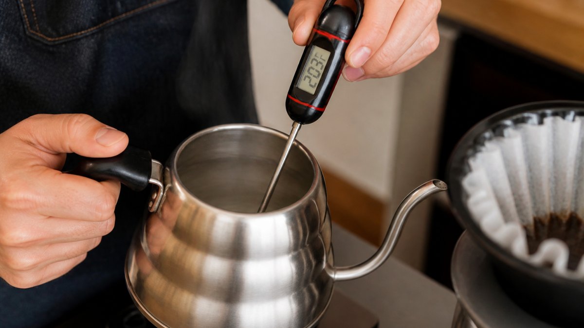 Close-up of hands holding a digital thermometer over steaming water in a kettle, showing temperature reading during coffee preparation