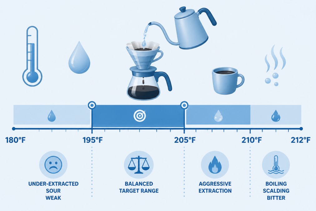 Horizontal temperature scale from 180°F to 212°F showing four zones: below 195°F labeled under-extracted, sour, weak; 195-205°F labeled balanced target range; 205-210°F labeled aggressive extraction; 212°F labeled boiling, scalding, bitter. Markers at 195°F and 205°F mark the recommended pour over band