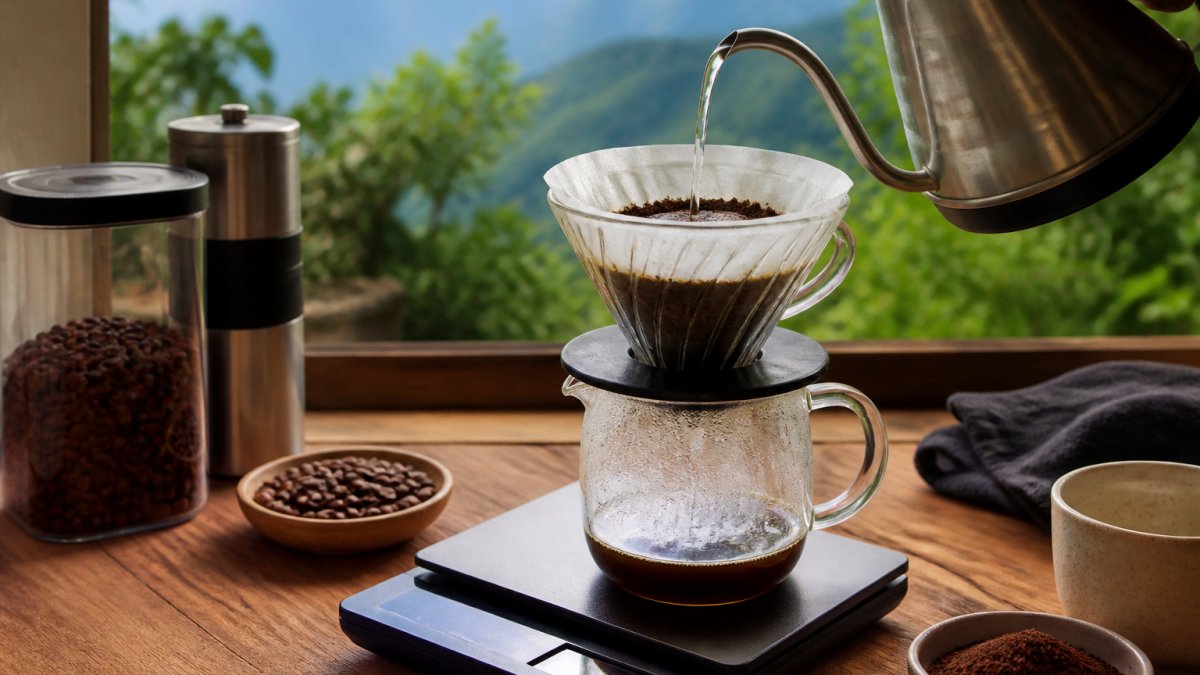 Close-up of a digital scale with a pour-over dripper on top, freshly ground coffee in the filter, and a gooseneck kettle pouring water in the background on a kitchen counter