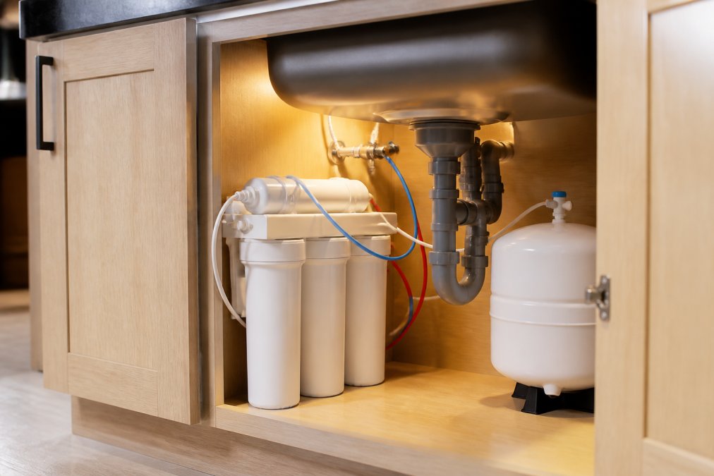 Close-up of an under-sink reverse osmosis unit installed beneath a kitchen sink, with visible filter canisters and clear tubing connected to the water supply line, under warm under-cabinet lighting