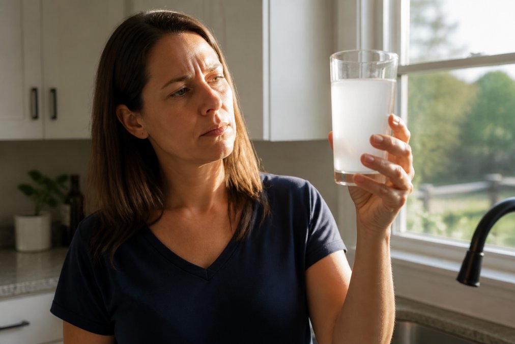 Homeowner holding a glass of cloudy tap water up to natural light near a kitchen window, examining the water quality with a concerned expression, afternoon sunlight streaming through the glass