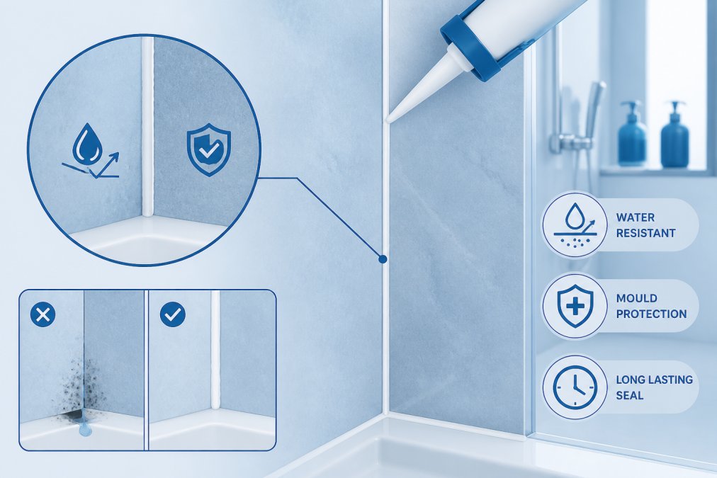 Close-up of a freshly sealed shower panel joint with white silicone sealant applied neatly along the seam, showing proper waterproofing technique in a modern bathroom with soft natural lighting