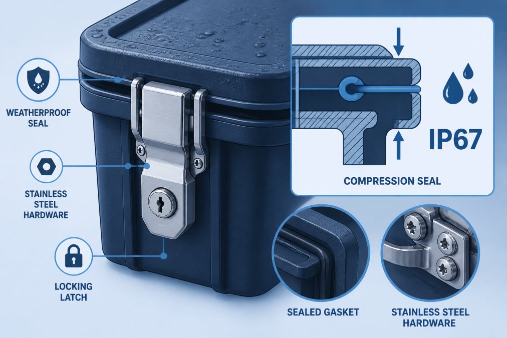 Close-up of weatherproof locking mechanism and sealed gasket on hard-shell truck bed storage box, showing IP67 compression seal and stainless steel hardware detail