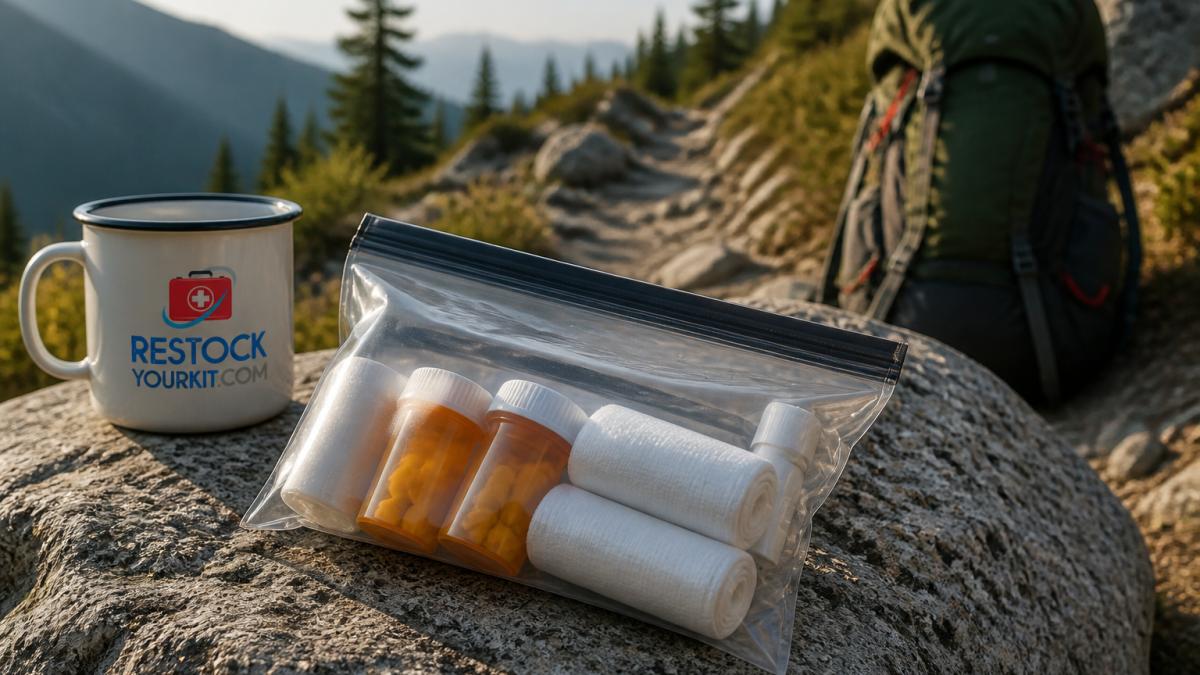 Clear waterproof bag containing pill bottles and gauze on a granite rock by a hiking trail