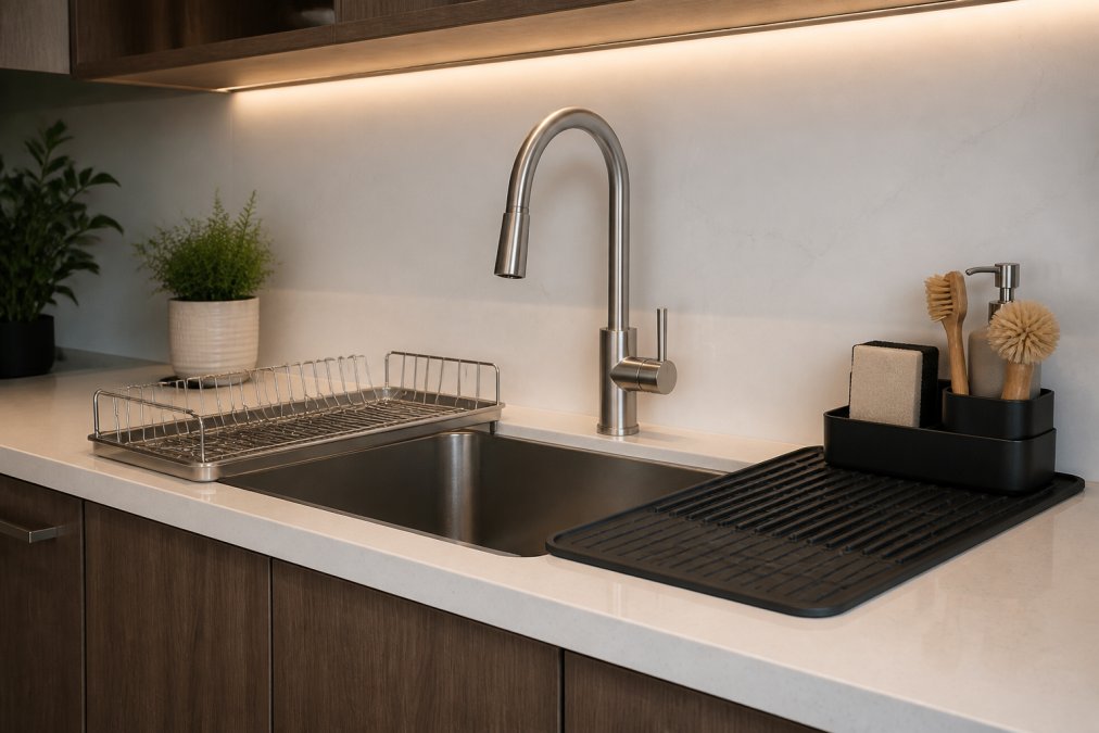A clean, modern kitchen sink area with a minimalist stainless steel dish rack, a black silicone splash mat, and a countertop caddy holding cleaning brushes and sponges, arranged neatly on a white quartz countertop under warm under-cabinet lighting