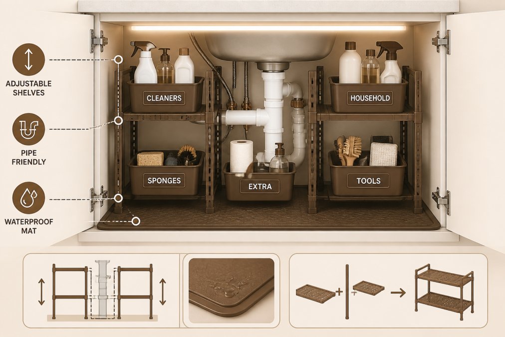 An open under-sink cabinet in a small apartment kitchen showing a waterproof mat lining the cabinet floor, modular shelving units arranged around a visible pipe, and cleaning supplies stored in labeled containers on adjustable shelves, photographed under the cabinet's interior lighting
