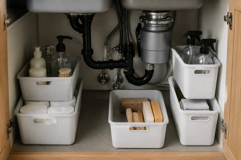 Clean, organized under-sink cabinet with waterproof storage bins neatly arranged around plumbing fixtures and a garbage disposal, containers stacked efficiently in a tight corner space