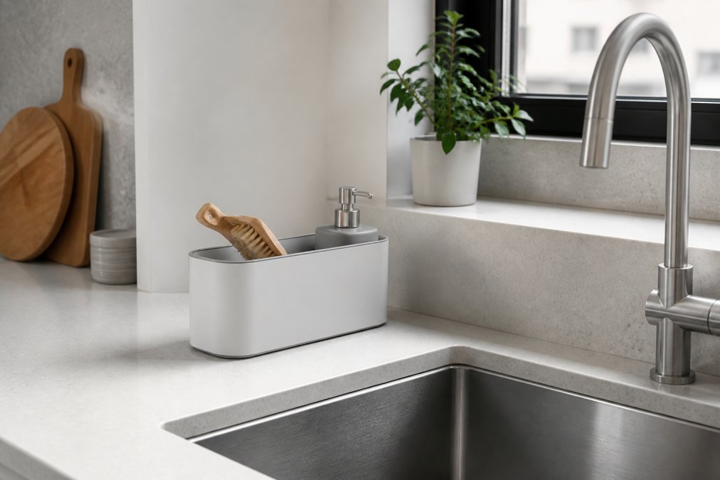 Minimalist kitchen counter with a sleek waterproof storage bin positioned beside the sink in a modern apartment kitchen, showing Scandinavian-inspired design with clean lines and neutral tones
