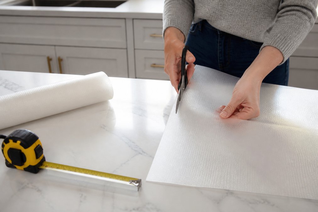 Close-up of hands trimming a flexible silicone mat with scissors on a kitchen counter, with a roll of liner and measuring tape visible nearby