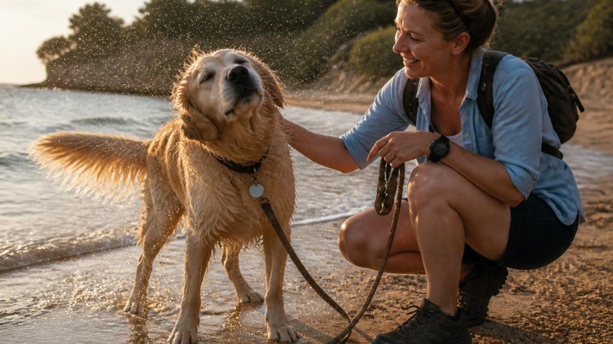 Golden retriever shaking off water on a sandy beach while wearing a durable metal ID tag on its collar
