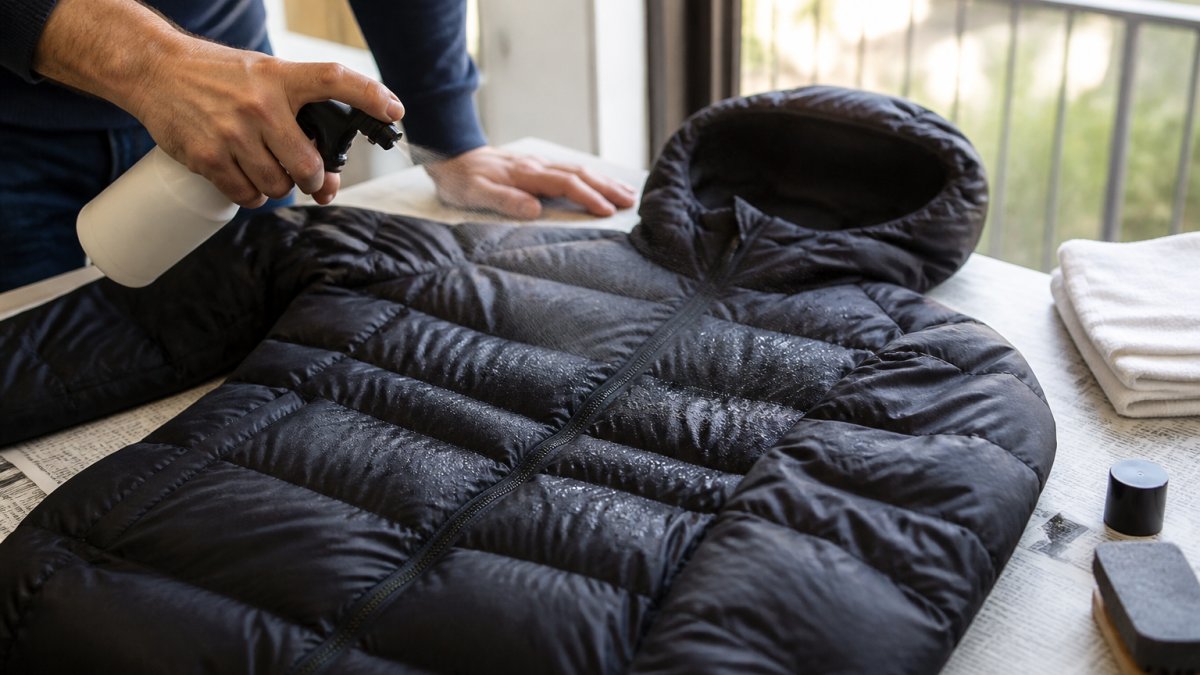 Close-up of hands spraying waterproofing treatment onto a dark winter coat laid flat on a clean surface with protective newspaper underneath, natural window lighting