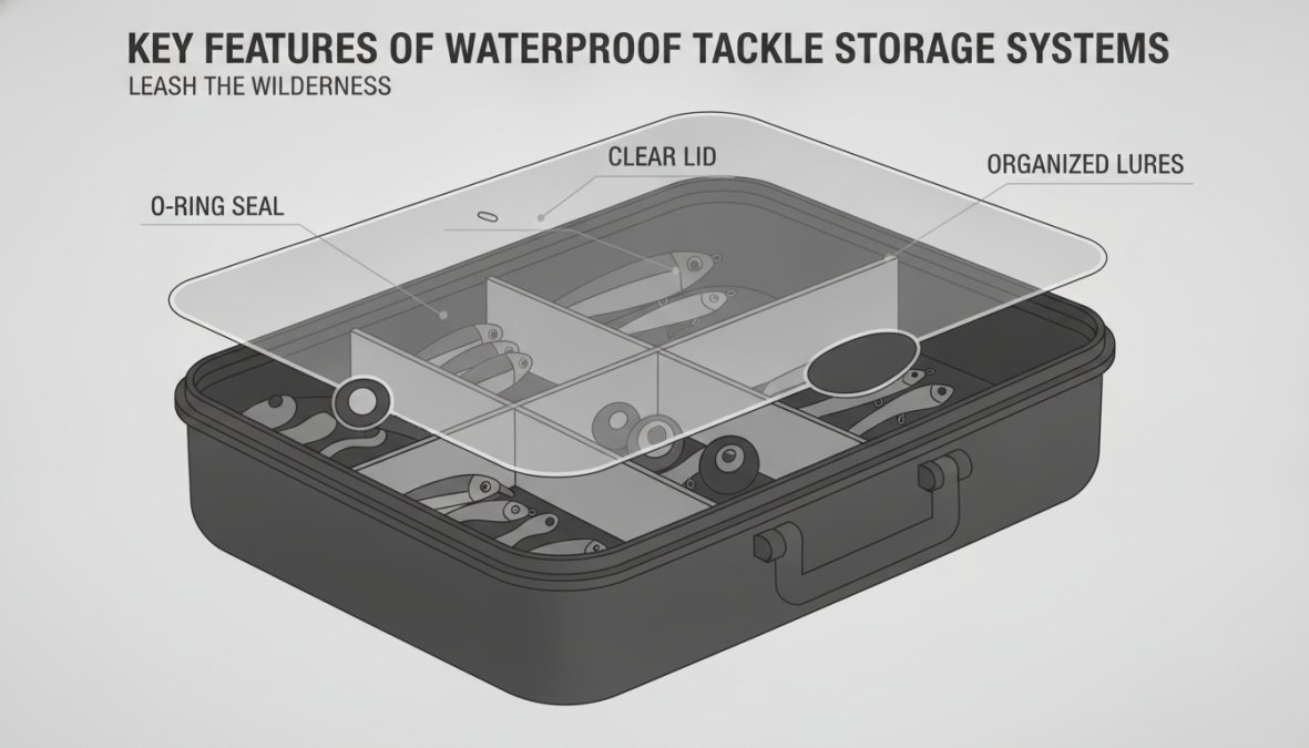 Feature overview showing Close-up of an open waterproof tackle box showing O-ring seal, compartments with organized lures,...