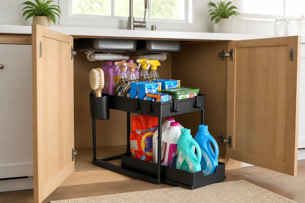 Organized under-sink cabinet with waterproof storage bins neatly arranged in tiers, cleaning supplies visible on pull-out drawers, dry environment with no water damage, natural kitchen lighting from window