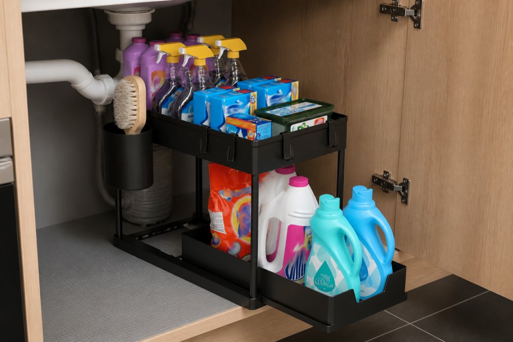 Close-up of Sinkelle 2 SlideNest Organizer installed under kitchen sink with both sliding drawers pulled out, showing metal frame construction, accessible storage compartments, and waterproof materials protecting cabinet interior