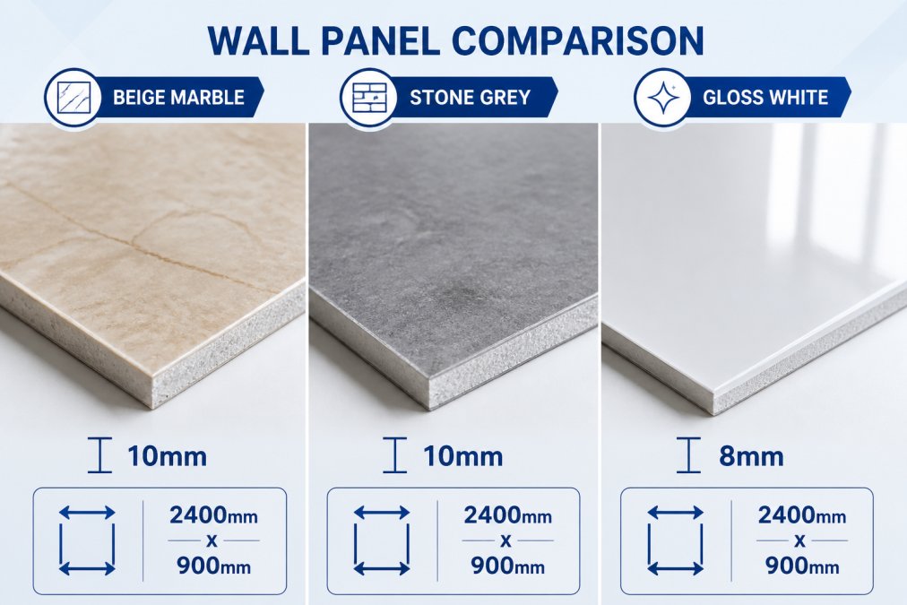 Close-up of three different shower wall panel samples laid side by side on a white surface, showing a beige marble effect, a grey stone finish, and a gloss white panel, with visible texture and thickness differences under natural daylight