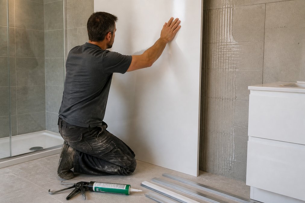 A person pressing a large white shower wall panel firmly against a tiled bathroom wall, with a tube of panel adhesive and silver trim profiles laid out on the floor nearby, under bright bathroom lighting