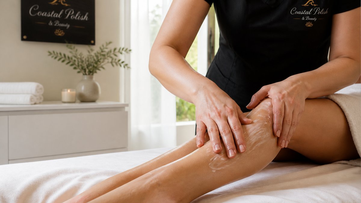 Gentle moisturizer application on smooth skin for the best waxing schedule for smooth skin in a bright spa setting