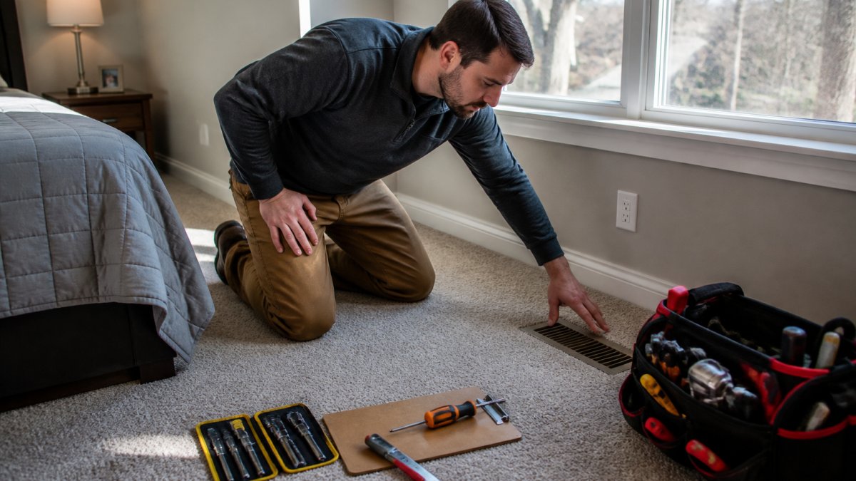 A homeowner kneeling beside a floor supply register in a carpeted second-floor bedroom, holding a hand over the vent to feel airflow, with afternoon light through a window