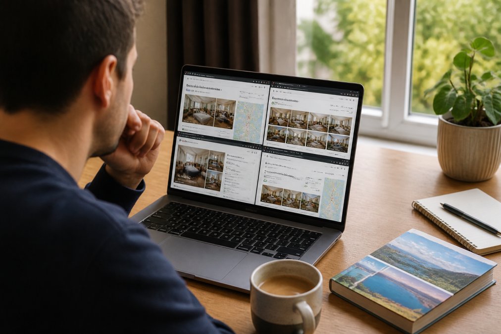 Person sitting at desk with laptop, coffee cup, and travel guidebook, comparing accommodation options on multiple browser tabs with natural window lighting