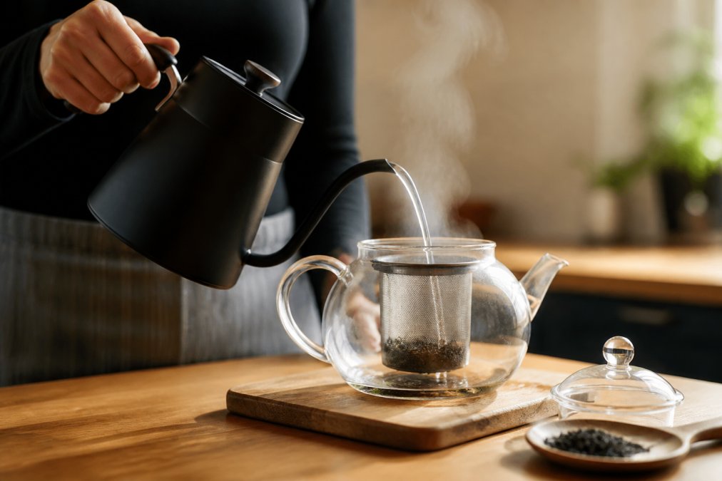 Hands pouring hot water from a gooseneck kettle into a clear glass teapot containing a basket mesh infuser holding dark loose leaf tea leaves, steam rising from the vessel on a light wooden countertop, warm kitchen light
