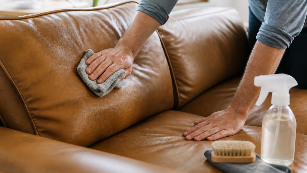 Close-up of hands using a microfiber cloth to gently wipe down a tan leather sofa cushion in a bright living room, with a spray bottle of mild soap solution and a soft brush nearby