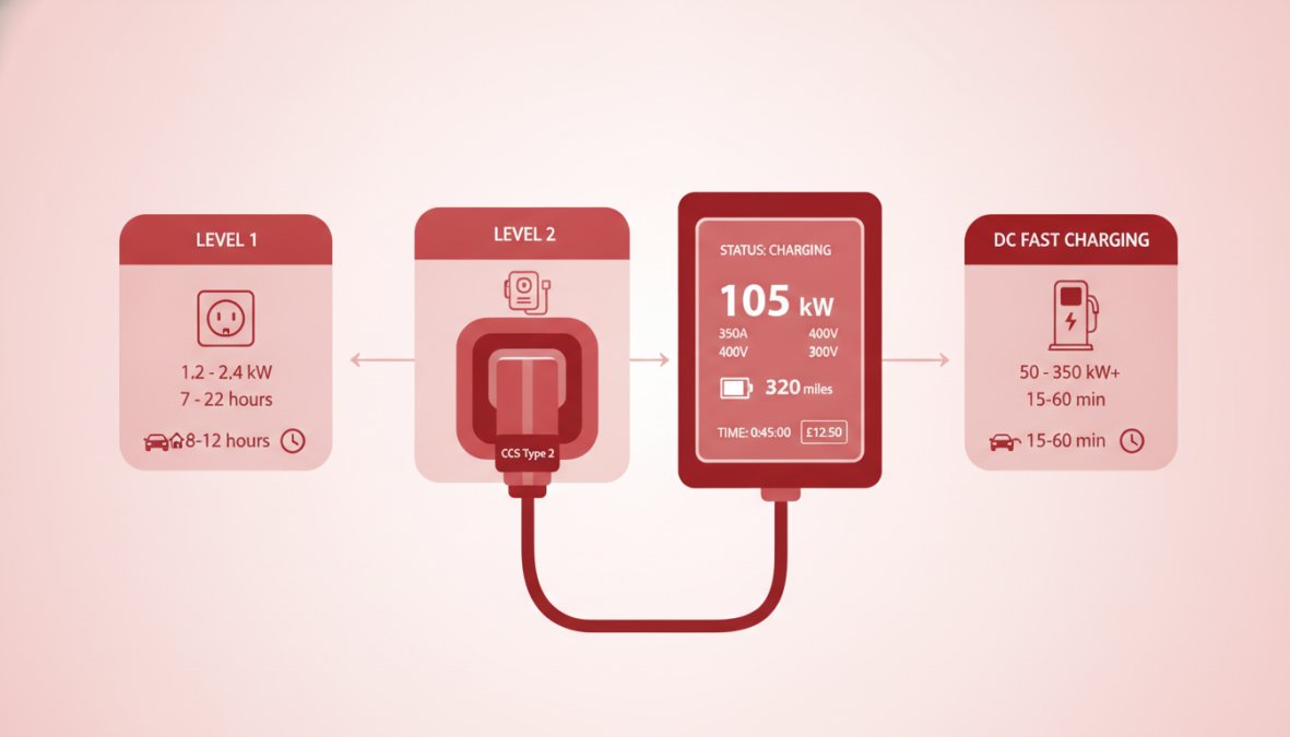 Close-up of an EV charging port with cable plugged into a modern charging station display showing kilowatt output and charging session duration
