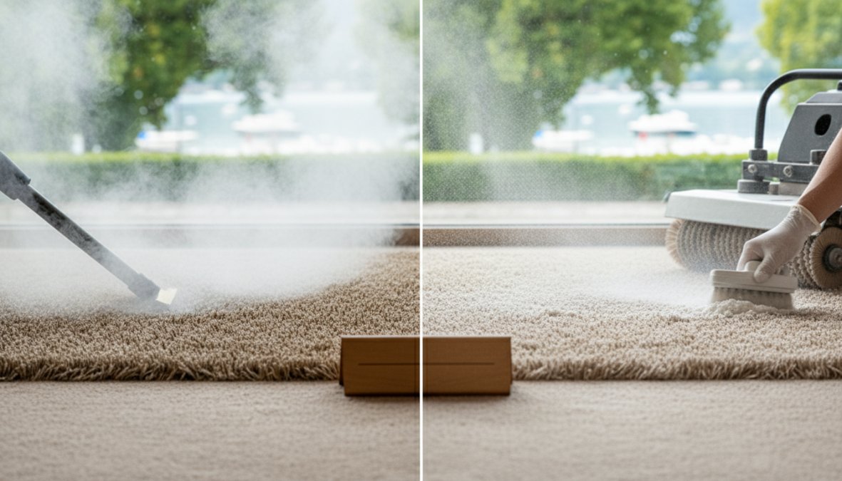 A professional carpet cleaning technician operating a truck-mounted hot water extraction hose on a residential beige carpet in a bright Lake Geneva living room, with visible steam rising from the carpet fibers and sunlight streaming through large windows