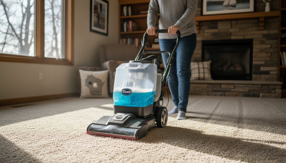 A homeowner using an upright consumer carpet cleaning machine on a beige carpet in a well-lit home living room, with the machine's transparent water tank clearly visible showing cleaning solution, afternoon light coming through nearby windows