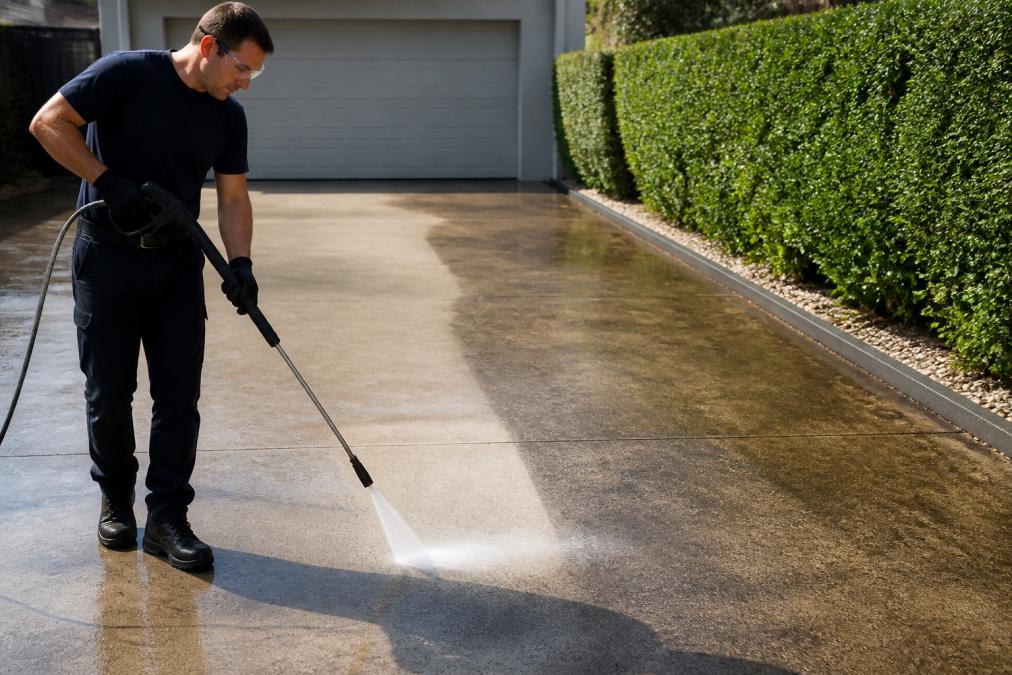Professional cleaner in safety goggles and gloves using a pressure washer with a wide fan tip on a concrete driveway, a visible clean line separating the washed section from the grimy unwashed section, bright daylight