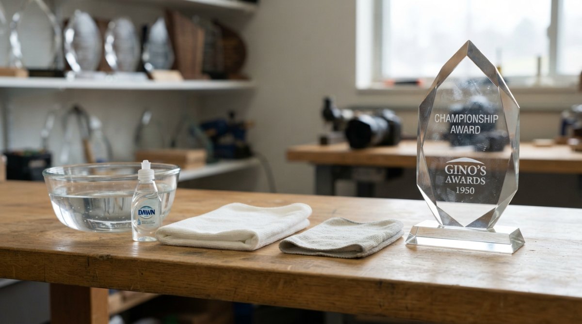 Close-up of hands using a damp microfiber cloth to gently wipe a crystal award over a soft cotton towel, with distilled water and mild soap nearby on a clean kitchen counter