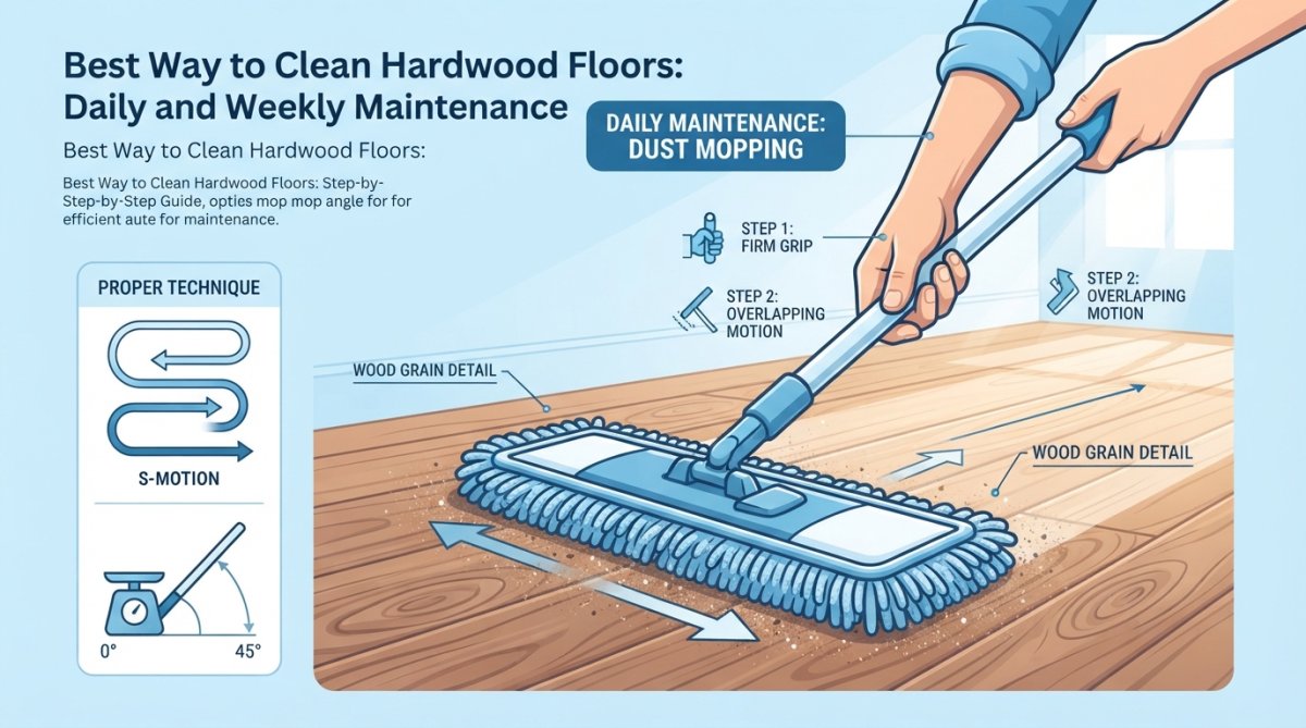 Close-up of hands using a microfiber dust mop on hardwood floor in natural light, showing proper technique and wood grain detail