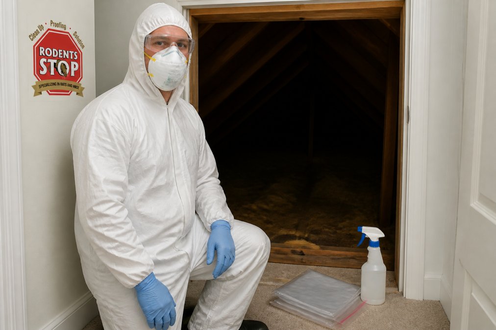 A person wearing full personal protective equipment including an N95 respirator mask, rubber gloves, safety goggles, and a white disposable Tyvek suit, standing at the entrance of a dark attic hatch in a residential home, with a spray bottle and sealed plastic bags visible at their feet