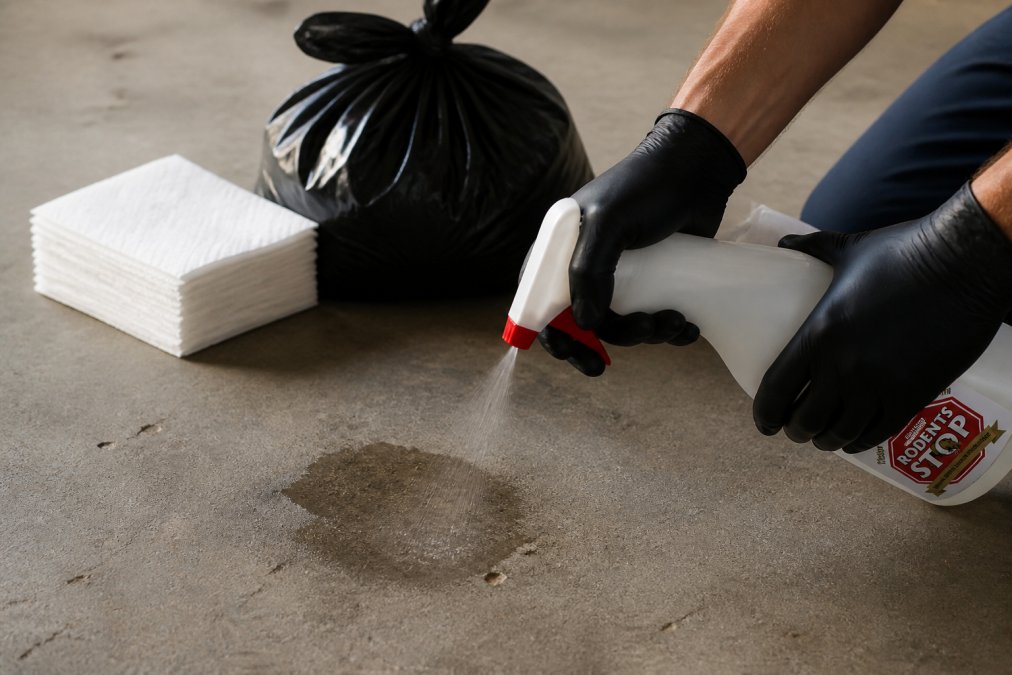 Close-up of a person's gloved hands spraying a clear disinfectant solution from a spray bottle onto a stained concrete surface, with folded paper towels and a sealed black disposable bag visible in the background under bright work lighting