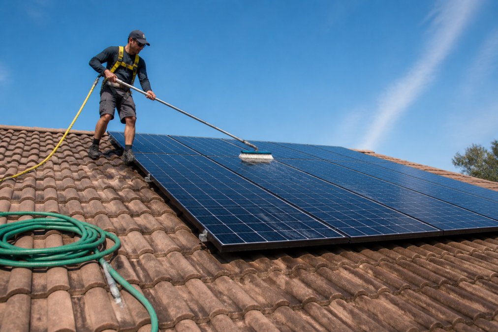 Homeowner using an extendable brush to clean solar panels safely on a sunny day while wearing a safety harness