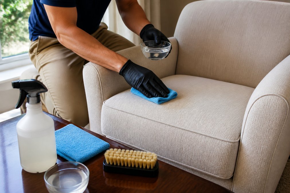 Professional blotting a stain on upholstery with a microfiber cloth to clean stained upholstered chairs