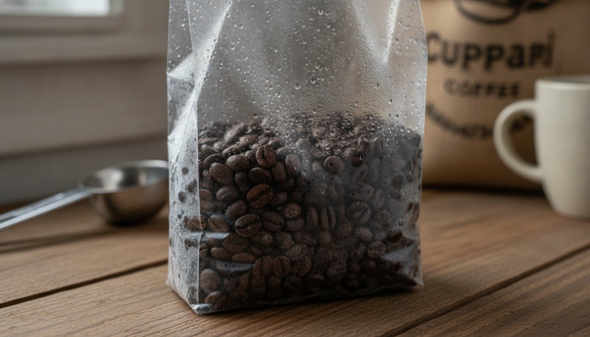Close-up of a sealed vacuum-sealed bag of coffee beans sitting on a kitchen counter at room temperature, with slight condensation visible on the bag's exterior