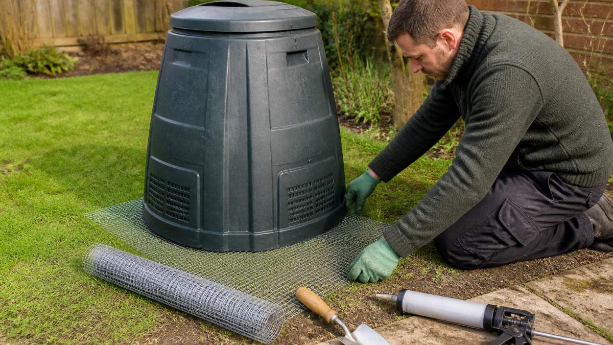 A person wearing gardening gloves fitting a wire mesh base under a plastic compost bin in a UK garden, with a trowel and sealant nearby, soft afternoon light