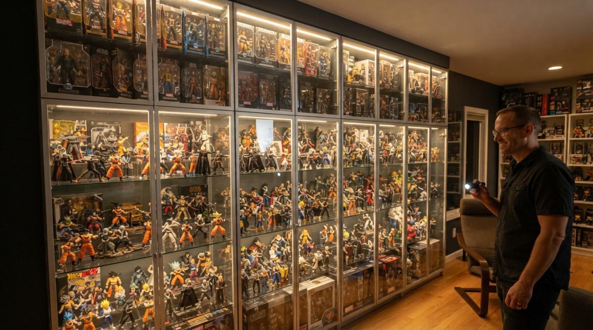 A collector's home display room with floor-to-ceiling glass cabinets, warm LED strip lighting, and rows of boxed and unboxed action figures on glass shelves