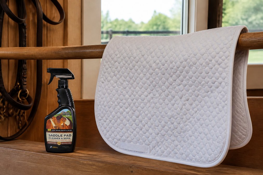 Close-up of a saddle pad hanging on a wooden rail in a dry, well-lit tack room with open windows showing proper storage position and moisture-wicking fabric visible