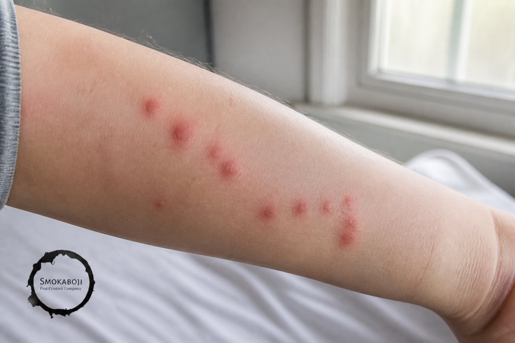 Close-up of characteristic red bed bug bite welts arranged in a line or cluster pattern on pale skin of an arm, showing inflammation and irritation under natural daylight