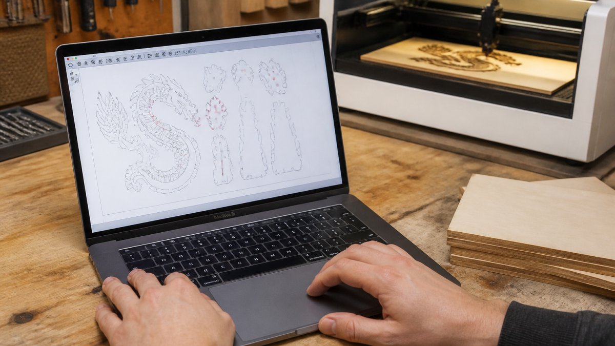 Close-up of a maker's hands on a laptop showing a vector design with highlighted open paths, laser cutter in the background of a small workshop