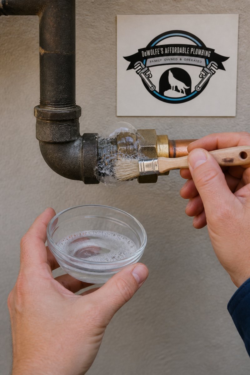 Close-up of hands applying soapy water solution to a gas pipe connection with a brush, showing bubbles forming at the joint