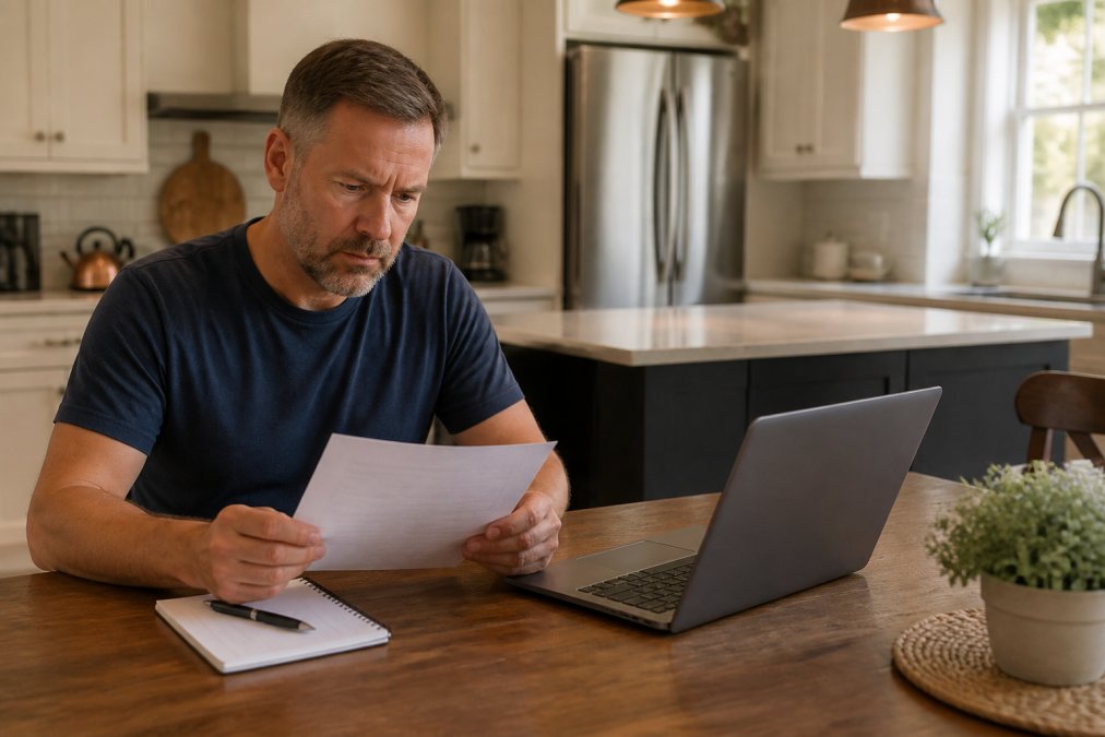 A homeowner sitting at a kitchen table reviewing a printed list of contractor references, with a laptop open nearby showing a review platform, in a warmly lit home interior