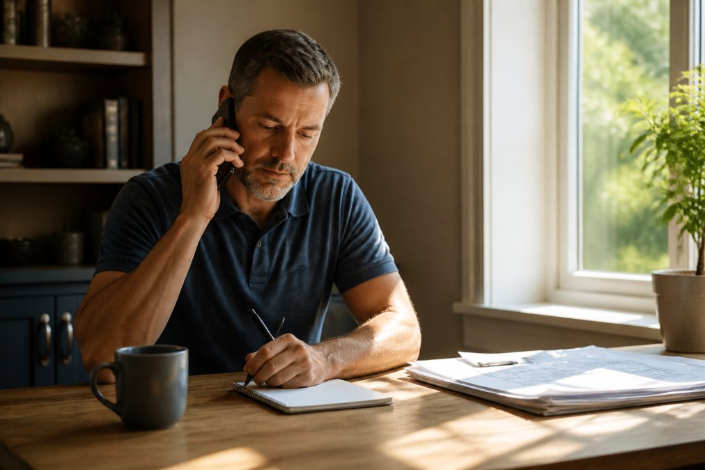 A homeowner speaking on the phone while taking handwritten notes on a notepad, seated at a desk with a cup of coffee, in a warmly lit home office with afternoon sunlight coming through a window