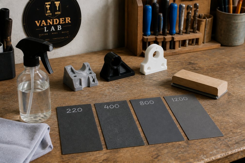 Workbench with assorted wet sanding paper sheets (220, 400, 800, 1200 grit labeled), wooden sanding block, 3D printed parts in different materials (PLA, ABS, PETG samples), spray bottle of water, and clean cloth arranged on work surface with natural lighting