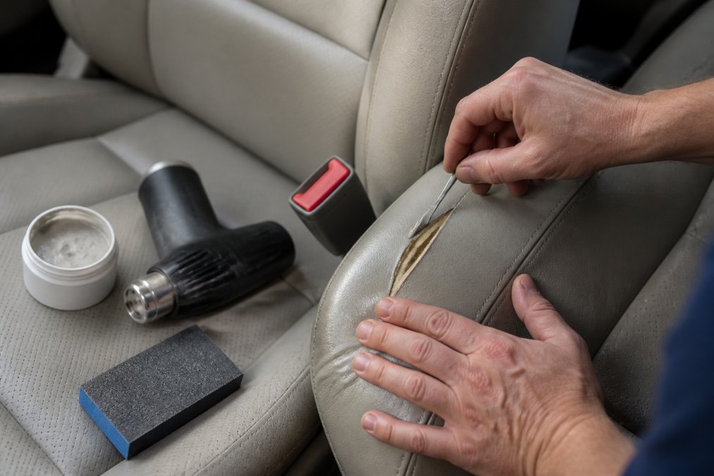 Hands using a leather repair kit to fix car seat rips with filler and a heat gun in a workshop